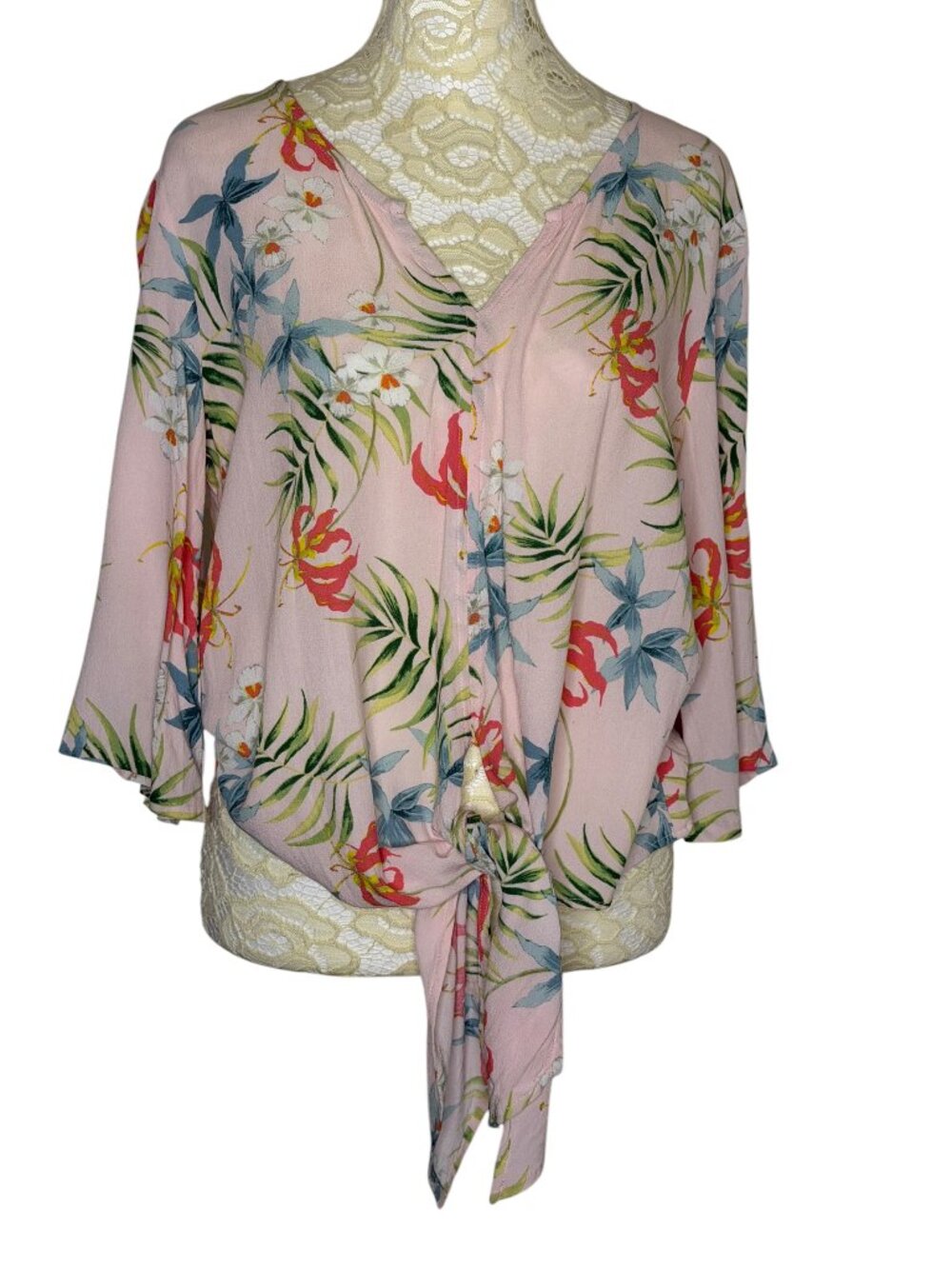Lovestitch Blouse Shirt Top Tie Waist Floral Tropical V Neck Pink M